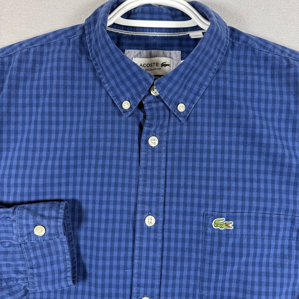 Lacoste Mens Button Down Gingham Poplin Regular Fit Medium Blue Cotton Shirt - Picture 2 of 10